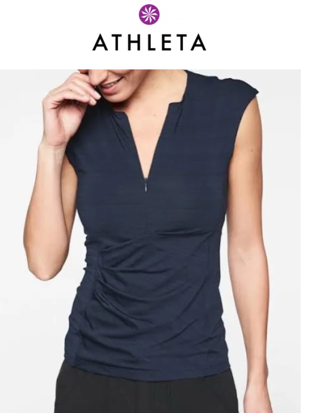 Athleta Pacifica Navy Zip-Front Cap-Sleeve Rashguard top